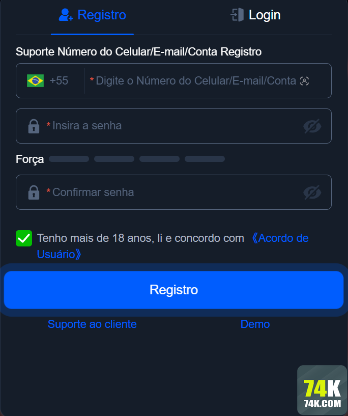 74k.com Passo a Passo Cadastro